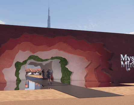 Mzllah - Mystic Mirage is an immersive Emirati-inspired coffee pop-up design by Studio Königshausen in Dubai, United Arab Emirates. Within a 9000 sqm space, desert landscapes are reimagined with vibrant colours, mirrors, and contemporary designs, offering an arty twist to traditional elements.